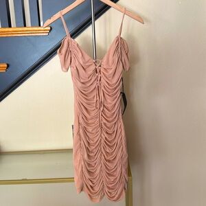 Blush off the shoulder spaghetti strap dress